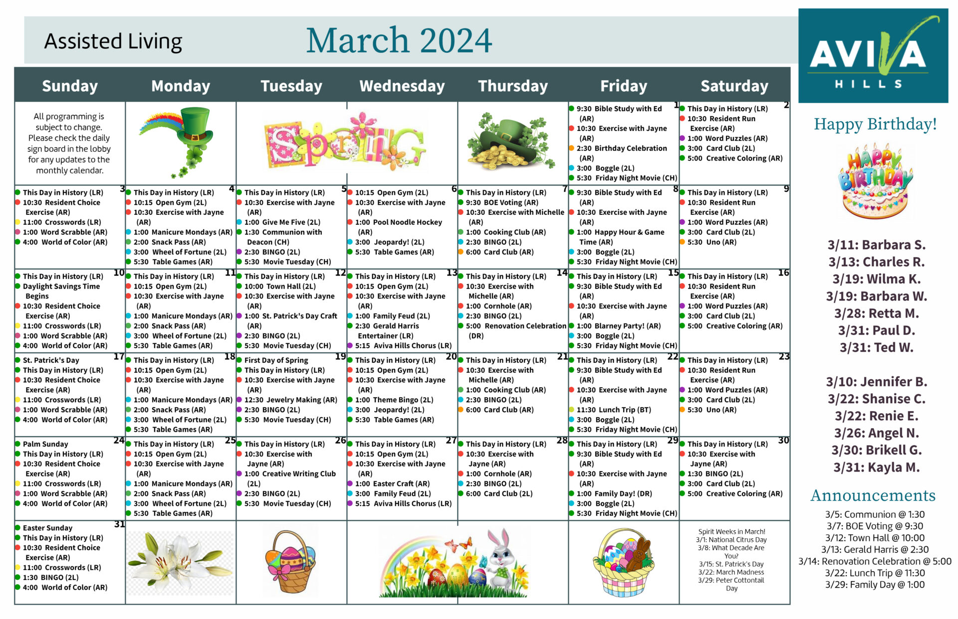 Aviva Hills Assisted Living March 2024 Event Calendar