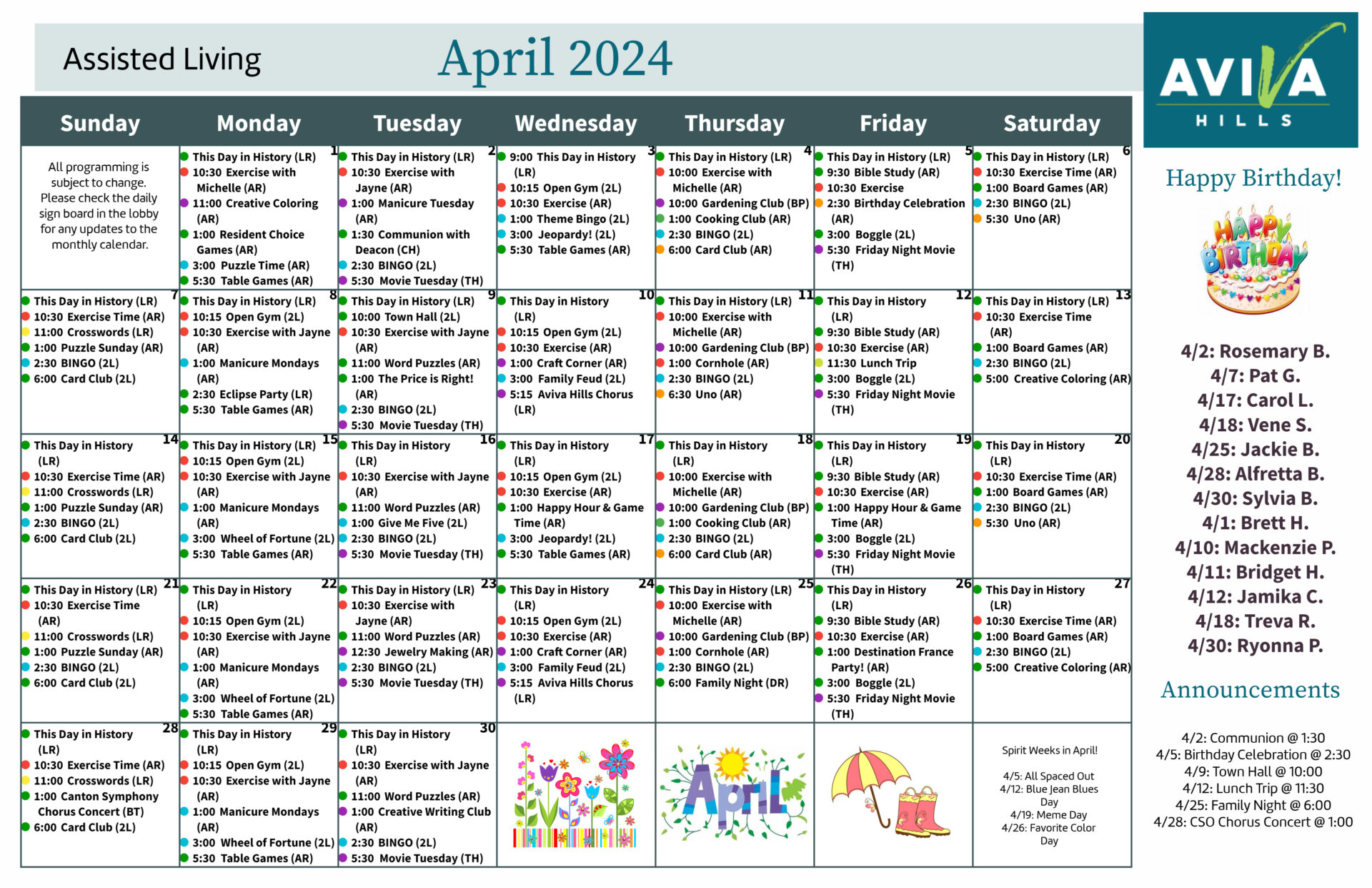 Aviva Hills Assisted Living April 2024 Event Calendar