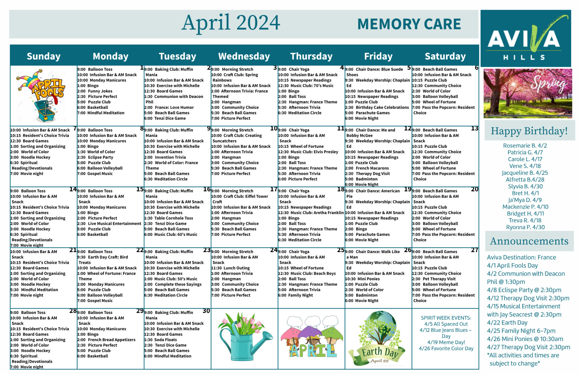 Aviva Hills Memory Care April 2024 Event Calendar
